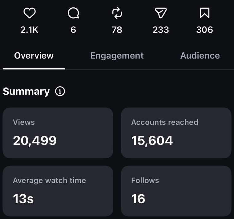 Instagram Insights: 20,499 views, 15,604 accounts reached, 13s average watch time, 16 follows