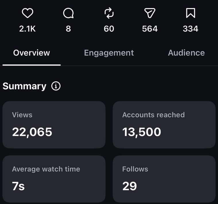 Instagram Insights: 22,065 views, 13,500 accounts reached, 7s average watch time, 29 follows
